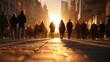 © Ameer - Warm golden sunset light over a busy city street with a blurred crowd glowing bokeh and urban silhouettes golden hour backlit people walking evening atmosphere travel lifestyle background