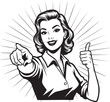 © Vhya - Confident retro woman pointing and giving a thumbsup in a black and white line art style.
