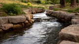 Flowing stream with stone banks and lush green vegetation