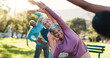© Wess/peopleimages.com - Class, stretching and workout with old people in park for wellness, fitness or mobility exercise. Joint friendly training, retirement and learning with senior men and women outdoor for warm up