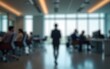 © David - Blurred modern office background person architecture furniture. High quality