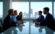 © Harper - Blurred image of businesspeople in a conference room during a meeting, city view visible. High quality