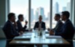 © Harper - Blurred image of businesspeople in a conference room during a meeting, city view visible. High quality