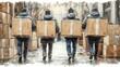 © naeem - Four figures in winter gear carrying boxes through wet alley stylized urban scene highlighting labor movement and the quiet grit of logistics in painterly perspective