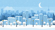 © Caroline Studio - Snowy cityscape with modern buildings and bare trees under a crescent moon.