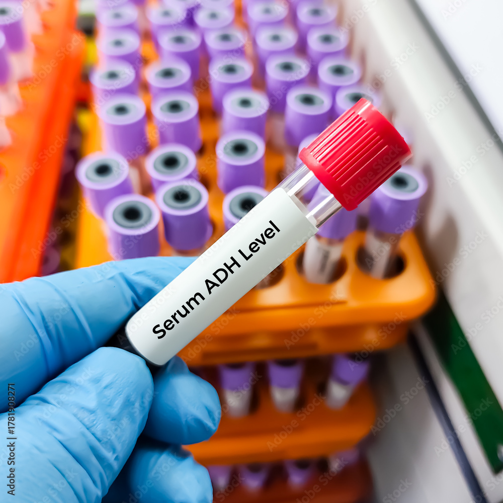 Scientist hold blood sample for ADH (Antidiuretic Hormone) test ...