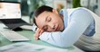 © peopleimages.com - Business woman, sleeping or computer with rest for fatigue, burnout or procrastination in office. Tired, female person or employee asleep with snooze, nap or break for bored, lazy or unproductive day