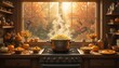 © Pungkas - Cozy autumn kitchen scene with steaming pot and seasonal decor bathed in warm sunlight