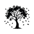 © MdShahriar - Silhouette of a deciduous tree losing its leaves in a fall landscape, oak tree with falling leaves silhouette vector illustration