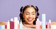 © Lawrenson25/peopleimages.com - Makeup, smile or product with woman in studio for skincare, beauty treatment or glow. Happiness, cosmetology or gen z with person on purple background space for self care, cosmetic selection or shine