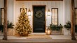 © liliyabatyrova - A luxurious front porch welcomes guests with a stunning Christmas tree adorned with lights. The entry door is framed by stylish lanterns, adding to the festive atmosphere
