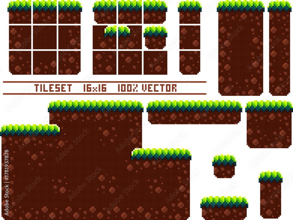 Pixel art tile set for 2d retro game. A set of ground tiles with