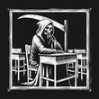 © makmur - Macabre woodcut style art of the Grim Reaper at school.