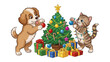 © Jannat - Festive Friends Decorating: A playful puppy and a cute kitten team up to decorate a vibrant Christmas tree, surrounded by colorful presents, creating a scene of holiday cheer and friendship.