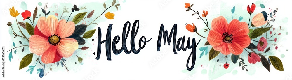 Hello May With Red Roses Bright floral arrangement with large coral and pink flowers, green ...