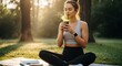 © sindiko dawuh - Young woman enjoying a healthy green smoothie in a park after a workout.