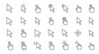 © Aliza - Collection of outline cursor icons for graphic and web design, apps, adverts, and various cards. This ordered set includes standard arrow cursors, hand pointers, and target icons, presented as a