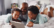 © peopleimages.com - Children, laugh and dad with tablet in bedroom, bonding and watching cartoons with app subscription. Happy, black man and relax with kids on bed, streaming and entertainment on web for family in home
