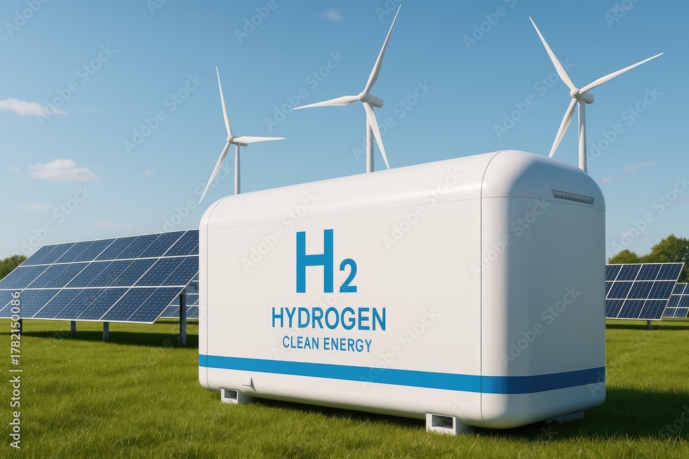 Hydrogen Storage Container with H2 Logo Alongside Solar Panels and Wind ...