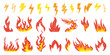 © MicroOne - Hand drawn fire and thunder. Burning flames, lightnings icons. Crayon or colored pencil drawing elements. Hot, campfire, electricity, power neoteric vector symbols