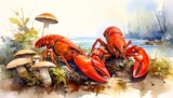 Watercolor painting featuring two vibrant red lobsters near mushrooms in a natural landscape with a blurred background of water and trees