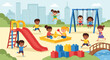 © Afsana - Joyful children actively playing and laughing on vibrant playground swings, slide, and sandbox in a sunny urban park setting