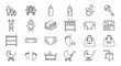 © Alou - A comprehensive collection of line icons representing family and baby essentials, including parents, children, baby bottles, diapers, changing tables, cribs, strollers, pacifiers, rattles, baby