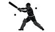 © Eka - Silhouette illustration of a cricketer in batting stance, swinging at a ball. Depicts a helmeted player, ball in motion