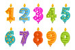 © ssstocker - Cartoon number candles. Birthday candle for cake, anniversary celebration party age numbers design 1 2 3 4 5 6 7 8 9 shape first bday baby day holiday, kicky vector illustration