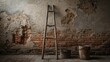 © TheWaterMeloonProjec - Ladder resting against a wall surface, vintage texture, weathered stone, aged brick, repair needs