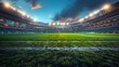 © marteen stenberg - Empty football stadium with green grass field under bright evening lights, generative ai