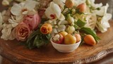 Dish of mangosteens surrounded by vibrant flowers, a fiber-dense choice, Earth Day