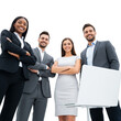© Le MK - Confident Business Team Standing Around White Podium on White Background