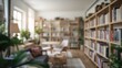 © Rizvan - Bright and airy home library with stylish shelving and potted plants, ideal background for text and layout