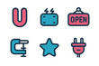 © PAPA STOCK - Icons representing various concepts including magnet, switch, open sign, clamp, star, and electrical plug in simple design