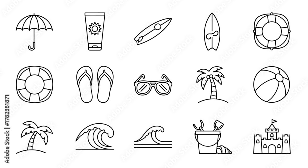 Collection of minimalist line icons representing summer beach vacation essentials, including an umbrella, sunscreen tube, surfboards, flip-flops, sunglasses, palm trees, waves, a beach ball, a