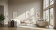 © Riri - Modern living room interior with beige sofas and artwork on walls, bathed in natural light from large windows.