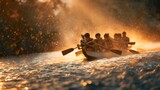 Team of rowers powerfully paddles a narrow boat through glistening water during sunset or sunrise