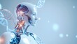 © photostockatinat - A stunning visualization of a humanoid robot, intertwined with DNA strands, hinting at the fusion of technology and biology. The robot's serene expression invites contemplation on the future