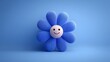 © kirania - Plush blue smiling flower character sits against a solid blue background