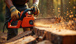 © miss irine - Man cuts wood log with orange chainsaw, sawdust and sparks fly. Outdoor lumberjack work, closeup action with power tool in forest. Intense labor outdoors.