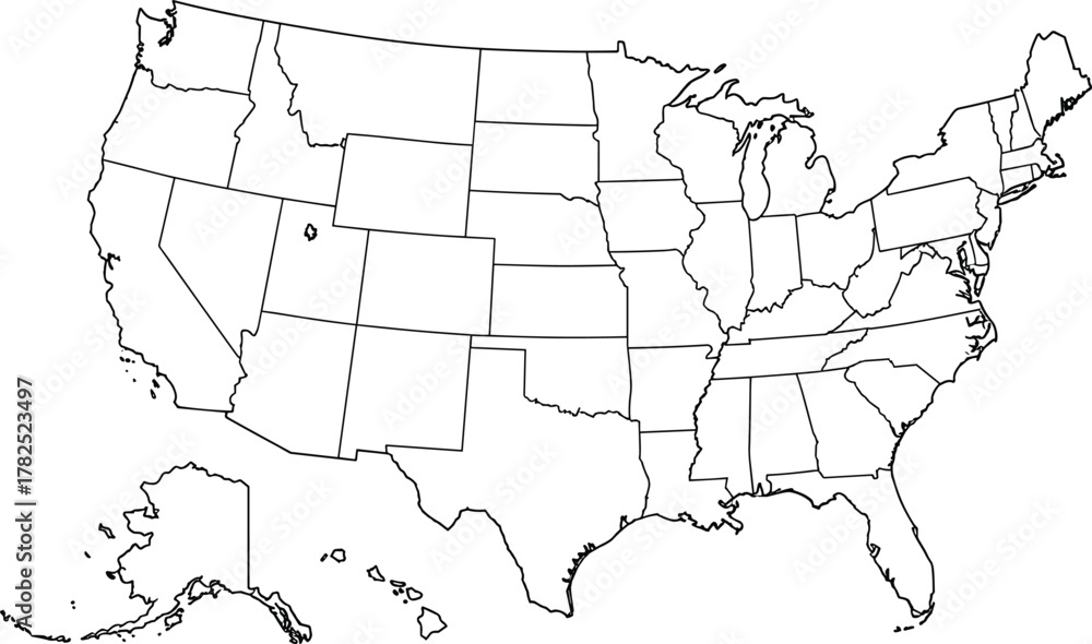 Blank USA map outline vector, unlabelled United States silhouette