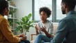 © miss irine - African American girl talks to family during therapy session. Teen solves problems at psychological office with psychologist. Patient discusses stress, finds support, assistance. Conversation about