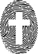 © SATHI - White christian cross symbol centered within a black fingerprint pattern