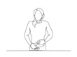 © Mc Doodle - Woman holds his stomach with a pained expression outline draw illustration. Continuous line art drawing of Woman Suffering From Stomach Ache cause menstrual. Editable stroke.