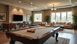 © miss irine - Modern game room features pool table, foosball, and lounge area. Large windows offer natural light and scenic views. Perfect for recreation and social gatherings, family fun or resident leisure.