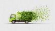 © kirania - Bright green delivery vehicle transporting lush foliage dispersing into the air