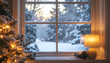 © Gilang - Cozy winter scene: Christmas tree, window view of snowy landscape, warm lamp light.