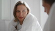 © stockbusters - Lovely girlfriend talking partner in cozy morning. Closeup happy girl having fun