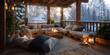 © MNStudio - Wooden patio with snow-covered cushions, glowing lanterns and fairy lights in a soft winter twilight. A serene outdoor retreat blending rustic charm and holiday warmth.